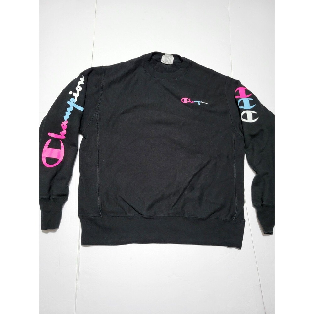 (#19)Women's Champion Reverse Weave Black Crewneck Sweatshirt Large Spellout